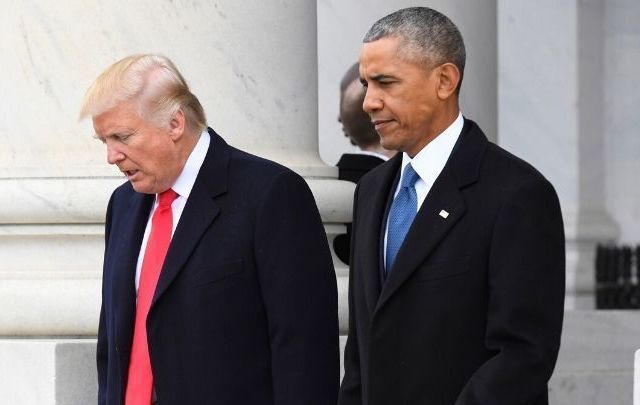 Barack Obama and Donald Trump at Trump\'s inauguration in 2017. 
