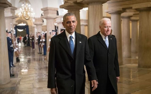 Barack Obama and Joe Biden at Donald Trump\'s inauguration in 2017. 