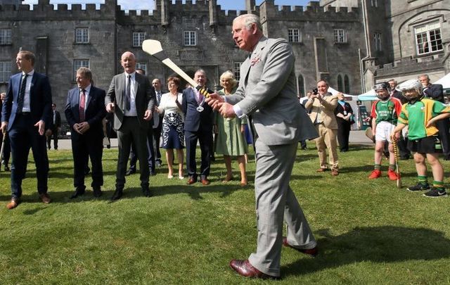 Prince Charles tries his hand at hurling while in Co Kilkenny during his 2017 visit to Ireland.