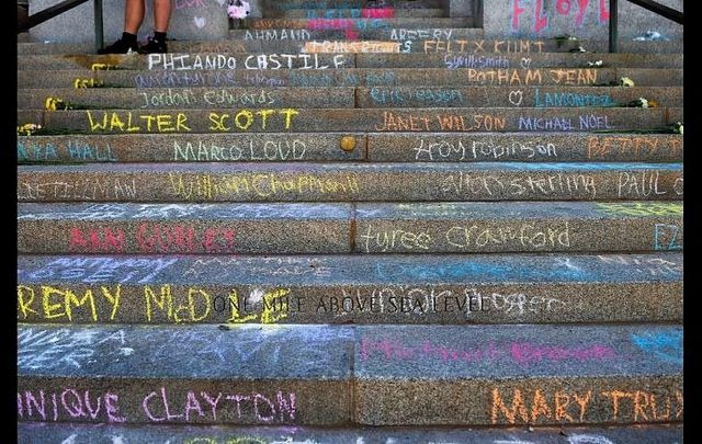The names of black people killed by police are written in chalk on the steps of the Colorado State Capitol during the fourth consecutive day of protests in the aftermath of the death of George Floyd on May 31, 2020 in Denver, Colorado. 