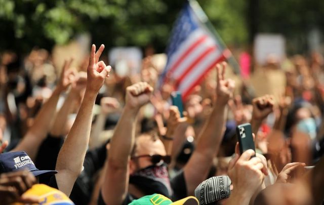 June 4, 2020: An estimated 10,000 people gather in Brooklyn’s Cadman Plaza Park for a memorial service for George Floyd, the black man killed by a Minneapolis police officer. Floyd’s brother, Terrence, Mayor Bill de Blasio, local politicians and civic and religious leaders also attended the event before marching over the Brooklyn Bridge.