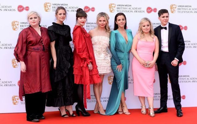 The cast of Derry Girls (L-R: Siobhan McSweeney, Louisa Harland, Kathy Kiera Clarke, Saoirse-Monica Jackson, Jamie-Lee O\'Donnell, Nicola Coughlan, and Dylan Llewellyn) attends the Virgin Media British Academy Television Awards 2019 at The Royal Festival Hall on May 12, 2019, in London.