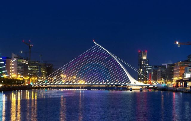 May 21, 2020: The Samuel Beckett Bridge on the River Liffey in Dublin with a projection of a rainbow which has become a symbol of hope and support during the COVID-19 pandemic across the world.