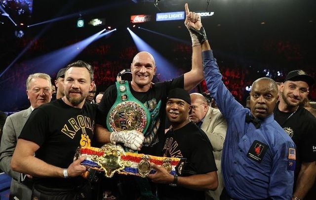 Tyson Fury celebrates his win by TKO in the seventh round against Deontay Wilder in the Heavyweight bout for Wilder\'s WBC and Fury\'s lineal heavyweight title on February 22, 2020 at MGM Grand Garden Arena in Las Vegas, Nevada.