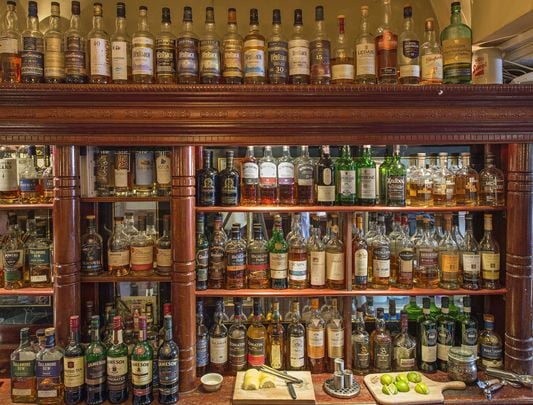 L Mulligan Grocer, a bar in Dublin\'s Stoneybatter\'s extensive whiskey collection.