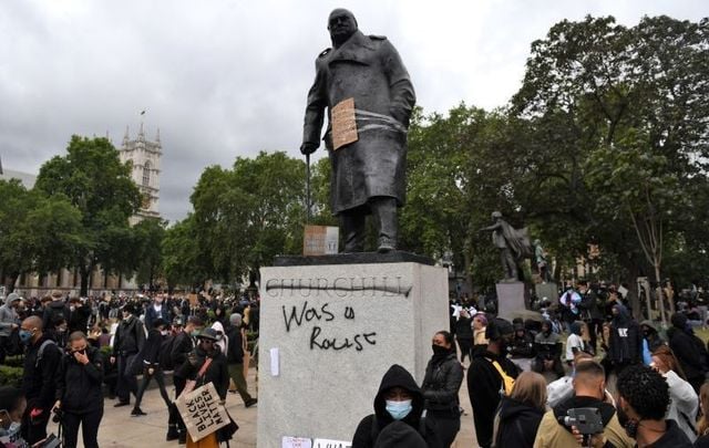 A statue of Winston Churchill in London was defaced during a Black Lives Matter protest on June 7, 2020.