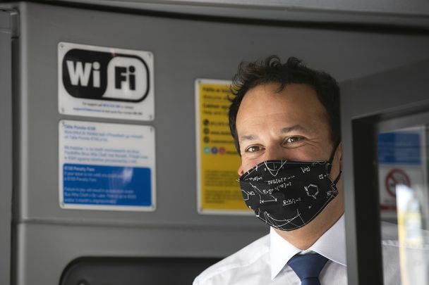 Taoiseach Leo Varadkar wearing a face mask, encouraging the public to do the same.