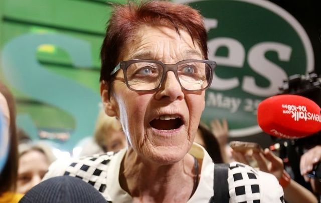 May 26, 2018:  Ailbhe Smyth speaking in the RDS, Dublin, during the counting of votes for Irish referendum to repeal the 8th Amendment.