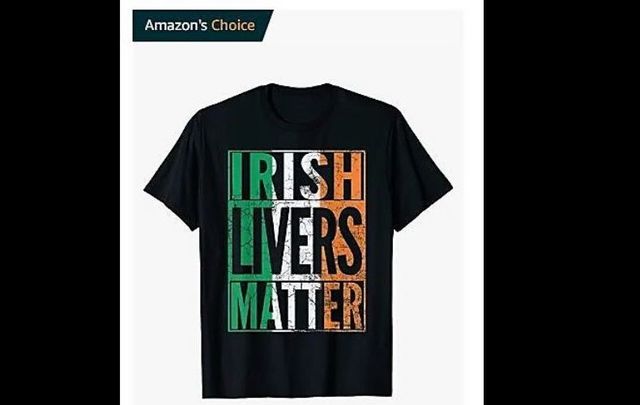 An \"Irish Livers Matter\" shirt displayed as \"Amazon\'s Choice\" on June 25, 2020.