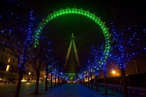 The London Eye turns green for St. Patrick\'s Day. 