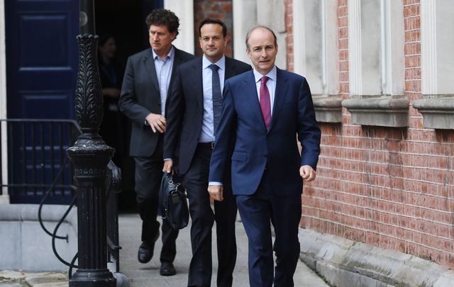 Climate Action, Communication Networks and Transport, Eamon Ryan T.D.; Tánaiste, Leo Varadkar and An Taoiseach Micheál Martin arriving at the cabinet meeting in Dublin castle