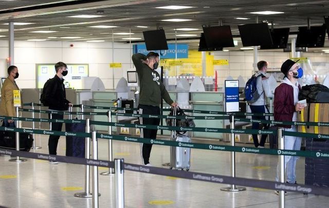 Passengers at a near-empty Dublin Airport on July 2, 2020.