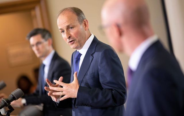 Acting Chief Medical Officer Dr. Ronan Glynn, Taoiseach Micheal Martin, and Minister for Health Stephen Donnelly at the press briefing on July 15, 2020.