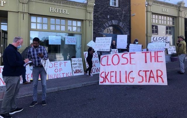 The scene outside of the Skellig Star Direct Provision Centre in Cahersiveen, Co Kerry on July 28 when asylum-seekers residing there mounted a hunger strike.