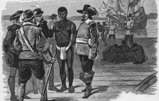 Engraving, titled \'Introduction of Slavery,\' shows a group of well-dressed men as they stand on a dock and examine a slave dressed in a loincloth, probably Jamestown, Virginia, late 1610s. 
