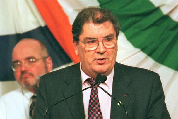 March 18, 2001: John Hume addresses the crowd at the annual St. Patrick\'s Day Breakfast in South Boston, MA.