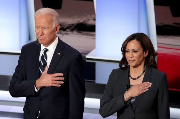 Joe Biden and Kamala Harris at the Democratic Presidential Debate at the Fox Theatre July 31, 2019, in Detroit, Michigan.