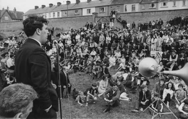 August 10, 1969: John Hume addresses a Catholic meeting at the Celtic Park football ground in Derry before a parade by the Protestant Apprentice Boys of Derry.