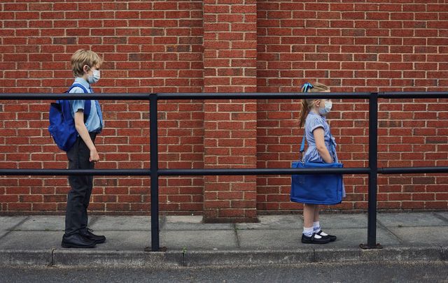 Young children social distancing at school.