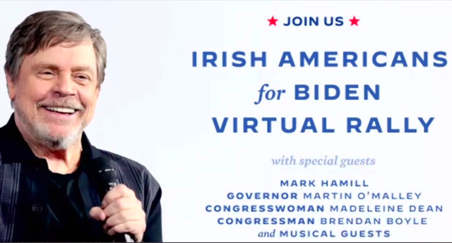 The promo for the Irish Biden rally, featuring Star Wars actor, Mark Hamill.