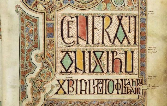 Folio 27r from the Lindisfarne Gospels in the Book of Kells, the world-famous Irish medieval manuscript.