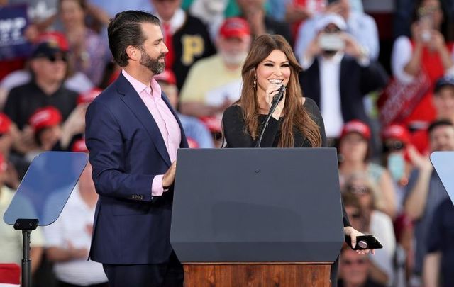May 20, 2019: Donald Trump, Jr and Kimberly Guilfoyle address a \"Make America Great Again\" rally in Montoursville, Pennsylvania.
