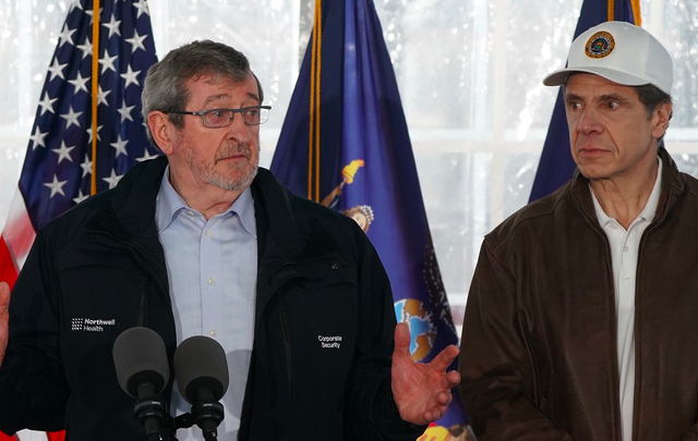 Michael Dowling speaks during one of Cuomo’s COVID press briefings in March.