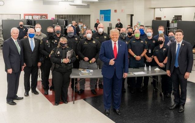 September 1, 2020: President Donald Trump joined by Rep. Bryan Steil, R- Wis., Senator Ron Johnson. R-Wis, and law enforcement officials as he concludes his tour at the emergency operation center at Mary D. Bradford High School in Kenosha, Wisconsin.