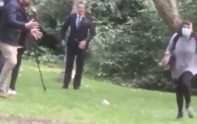 Leo Varadkar was filmed having a drink thrown at him by an unidentified woman.