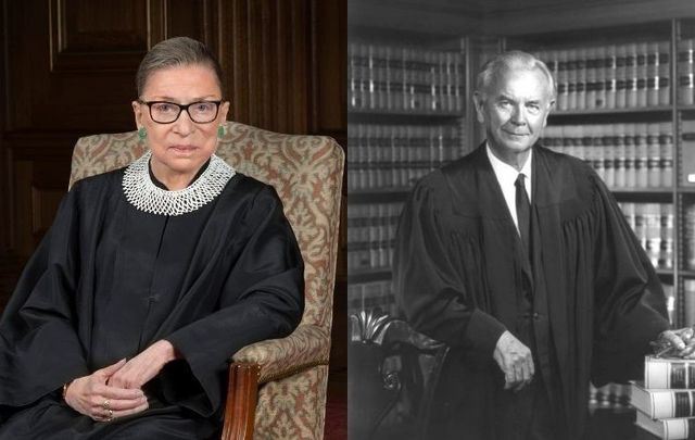 Left, Supreme Court Justice Ruth Bader Ginsburg in 2016. Right, Supreme Court Justice William Brennan in 1972.