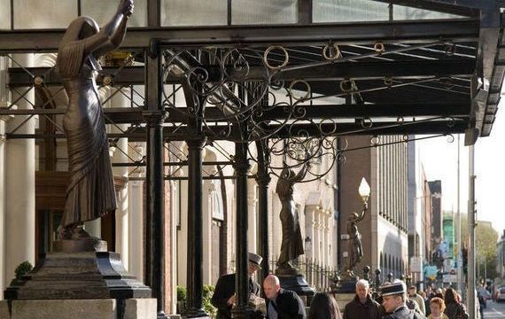 Three of the statues outside the Shelbourne Hotel in Dublin. 