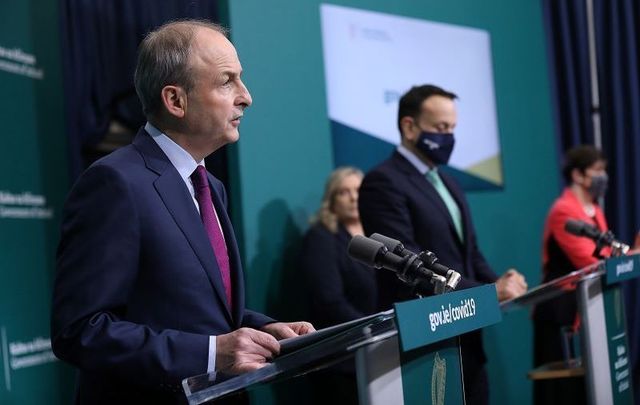 January 6, 2021: Taoiseach Micheál Martin, Tanaiste Leo Varadkar, and Minister for Education Norma Foley addressing the press after today\'s Cabinet meeting.