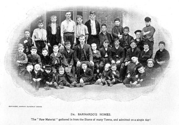 Dr. Barnardo\'s home! Children gathered outside one of Barnardo\'s homes.