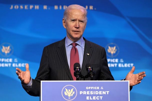 January 8, 2021: US President-elect Joe Biden delivers remarks before announcing members of his cabinet at The Queen Theater in Wilmington, Delaware.