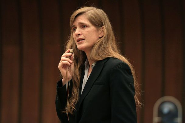 Samantha Power speaking in Geneva.