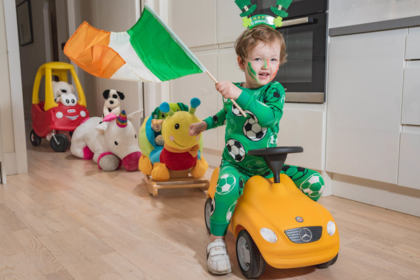 Little Adam Weldon, from Dublin, getting ready for the St. Patrick\'s Festival virtual parade on March 17, 2021.