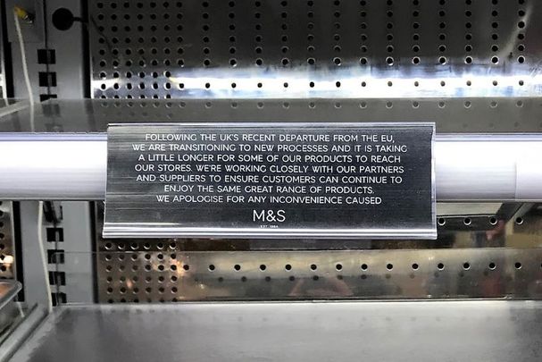 January 19, 2021: Empty shelves in Marks & Spencer in Dublin city, along with a sign from the supermarket chain which explains that supply chains from the UK will be disrupted for the near future due to Brexit.