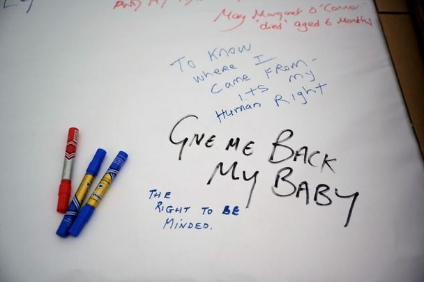  August 25, 2019: Messages are left as a vigil is held at the Tuam Mother and Baby Home mass burial site in Co Galway.