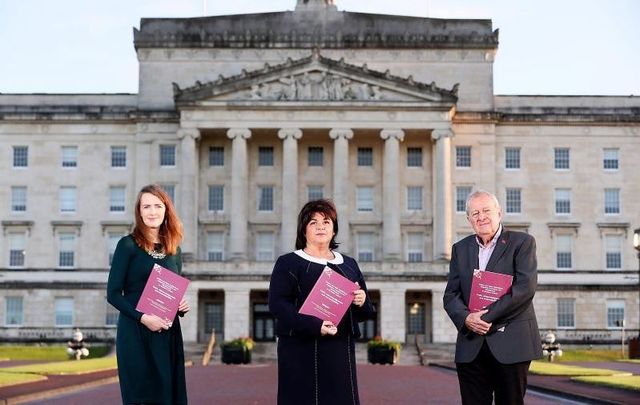 October 5, 2021: Panel members Dr. Maeve O’Rourke, Deirdre Mahon (Chair), and Professor Phil Scraton at Stormont for the official launch of Truth Recovery Design Panel Report entitled ‘Mother and Baby Institutions, Magdalene Laundries and Workhouses in Northern Ireland – Truth, Acknowledgement and Accountability’