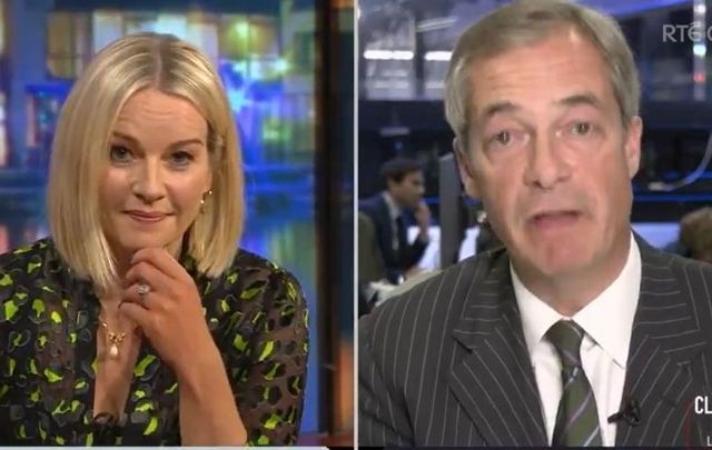 Claire Byrne and Nigel Farage on RTE One\'s Claire Byrne Live on October 18.