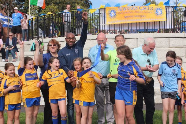 Shannon Gaels GAA open Queens field: Among those at the ribbon cutting on Saturday were Queens Borough President Donovan Richards, with hand raised.