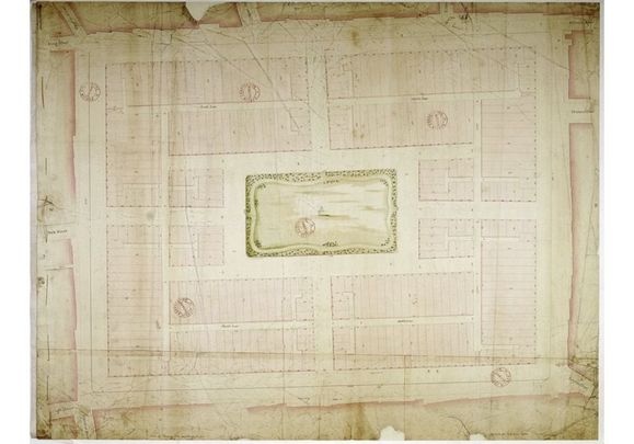 City Surveyors\' Maps Collection: Green Edge of Ditch and Flagged Way. The map may be dated from the statue of George II erected in 1758.