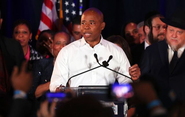 Nov 2, 2021: New York City Mayor-elect Eric Adams speaks during his election night party at the New York Marriott at the Brooklyn Bridge