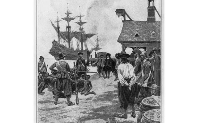 A reproduction of a painting, \"Landing Negroes at Jamestown from Dutch man-of-war, 1619\".