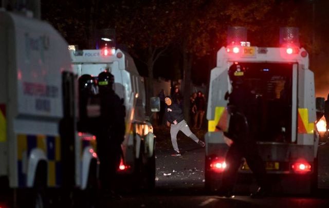 November 3, 2021: Loyalists clash with police during a protest against the Northern Ireland Protocol in Belfast, Northern Ireland. 