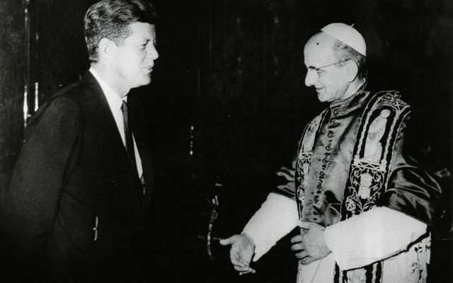 Former President John F. Kennedy and Pope Paul VI greet one another after an audience in the Vatican on July 2, 1963. 