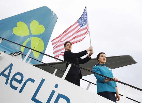 Aer Lingus: Cabin Crew names are Brohna Tinnelly and Sean Ryan at the steps of an Aer Lingus plane in Dublin Airport.