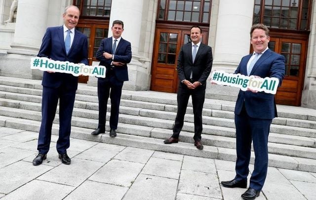 September 2, 2021: Taoiseach, Micheál Martin TD, Tánaiste and Minister for Enterprise, Trade and Employment Leo Varadkar TD, Minister for the Environment, Climate, Communications and Transport, Eamon Ryan TD and Minister for Housing, Local Government and Heritage, Darragh O’Brien TD at the launch of Housing for All - a New Housing Plan for Ireland.