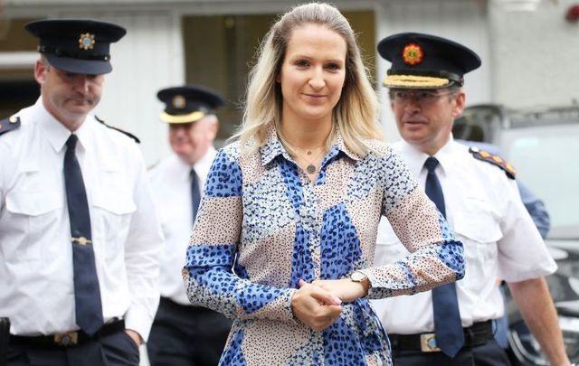 July 6, 2020: The Minister for Justice, Helen McEntee TD leaves Slane Garda Station as she speaks to the media after a meeting with Garda Commissioner Drew Harris on the right.