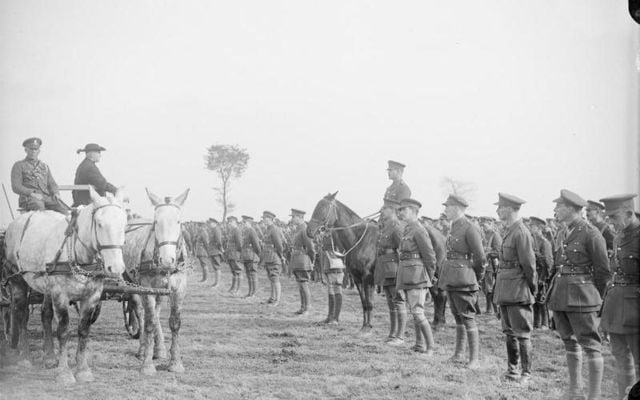 Members of the Royal Dublin Fusiliers stand to attention during the First World War in 1917. 